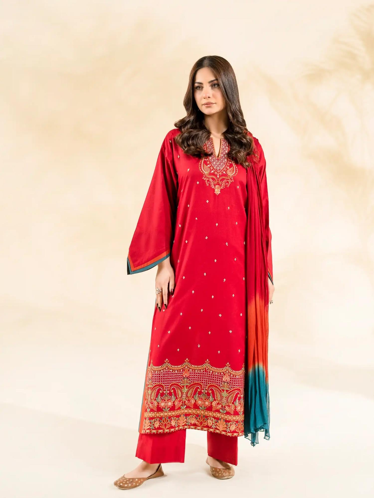 Red-Rabazka Lawn Embroidered Stitched 3-Piece Suit-WRTW-DEL-S26-3PC-03
