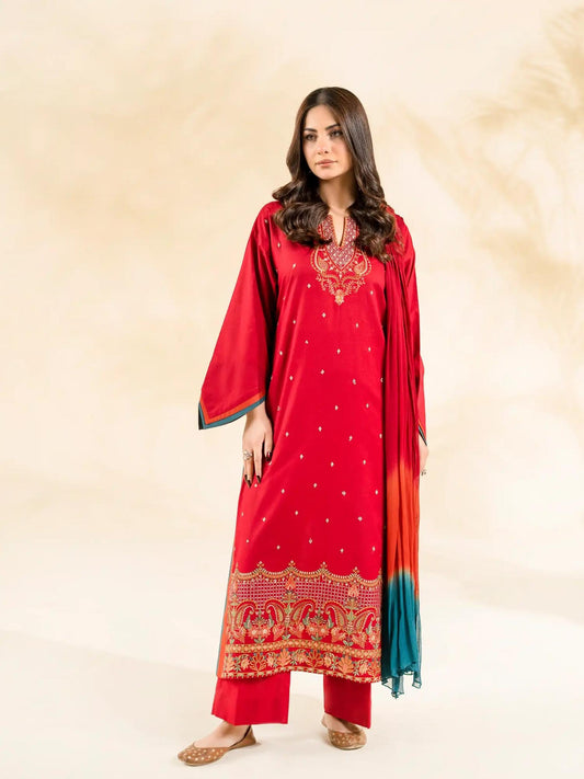 Red-Rabazka Lawn Embroidered Stitched 3-Piece Suit-WRTW-DEL-S26-3PC-03