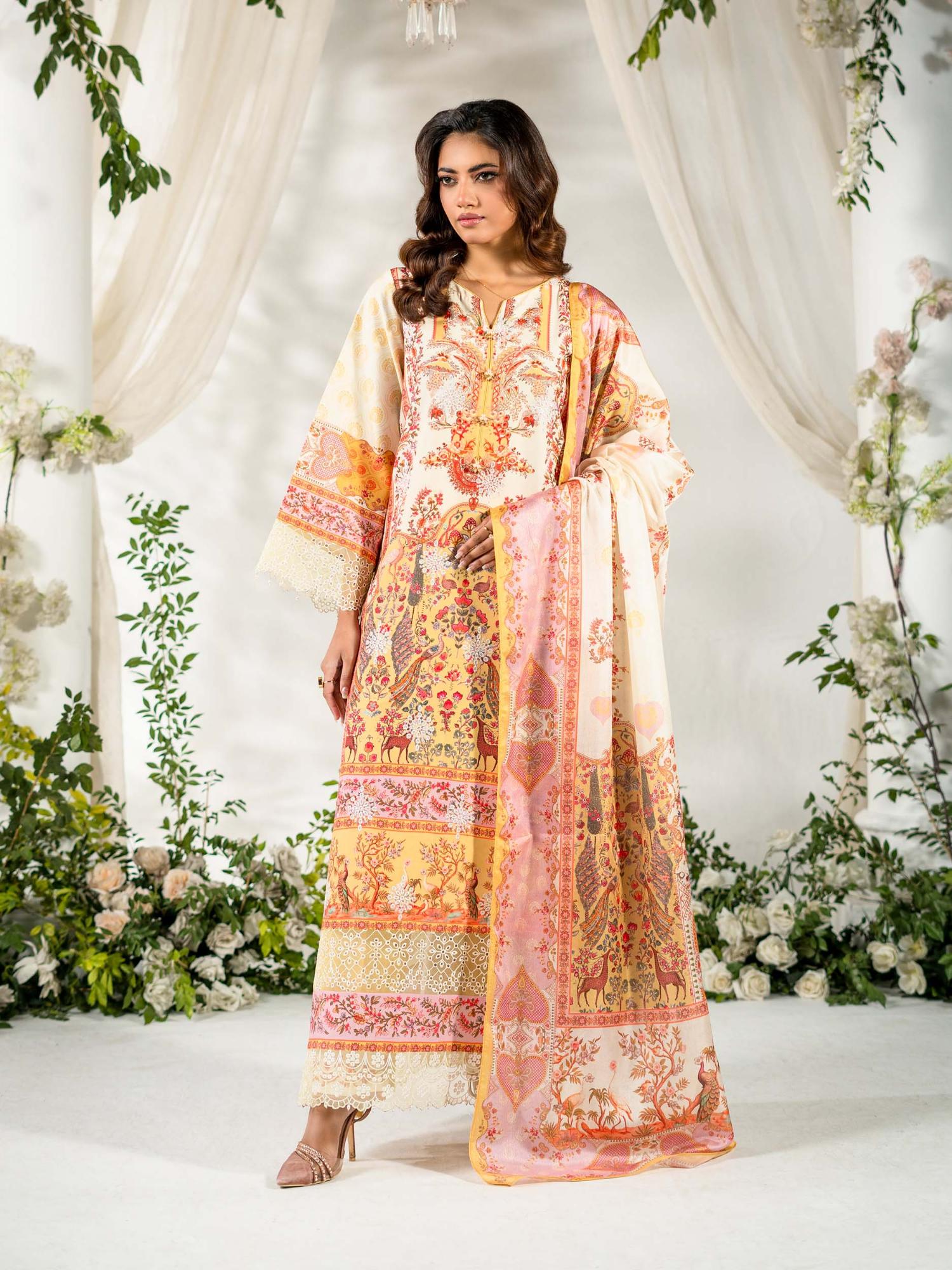 Yellow Rabazka Lawn Embroidered Unstitched 3-Piece Suit-WUS-PELW-3PCS-S26-03