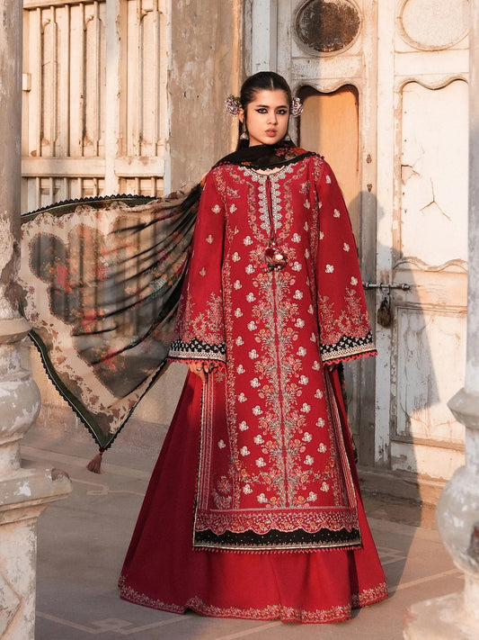 Red Hussain Rehar Barmala Pret'26 Embroidered 3-Piece Suit-Surkh-e-Laleh