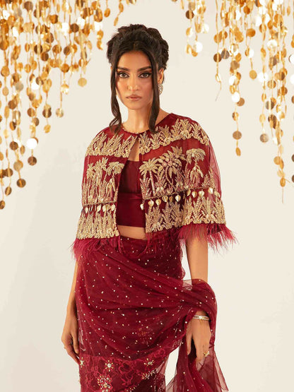 Shiza Hassan Aurora Formals Net Embellished Saree-Magma