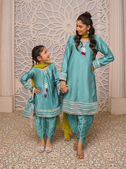 Kidoz Kloset Rang Rasiya Cotton Silk Embroidered Stitched 3-Piece Suit-Ocean Breeze-Women