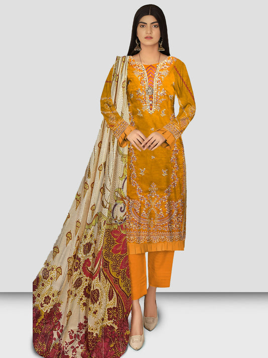 Unstitched 3-piece embroidered suit with lawn, embroidered front, back, and sleeves, voil diamond dupatta, and dyed plain cotton trouser.