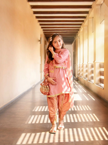 Kidoz Kloset Cotton Silk Embroidered Stitched 4-Piece Suit-Vanilla Ice-Cotton Silk Set