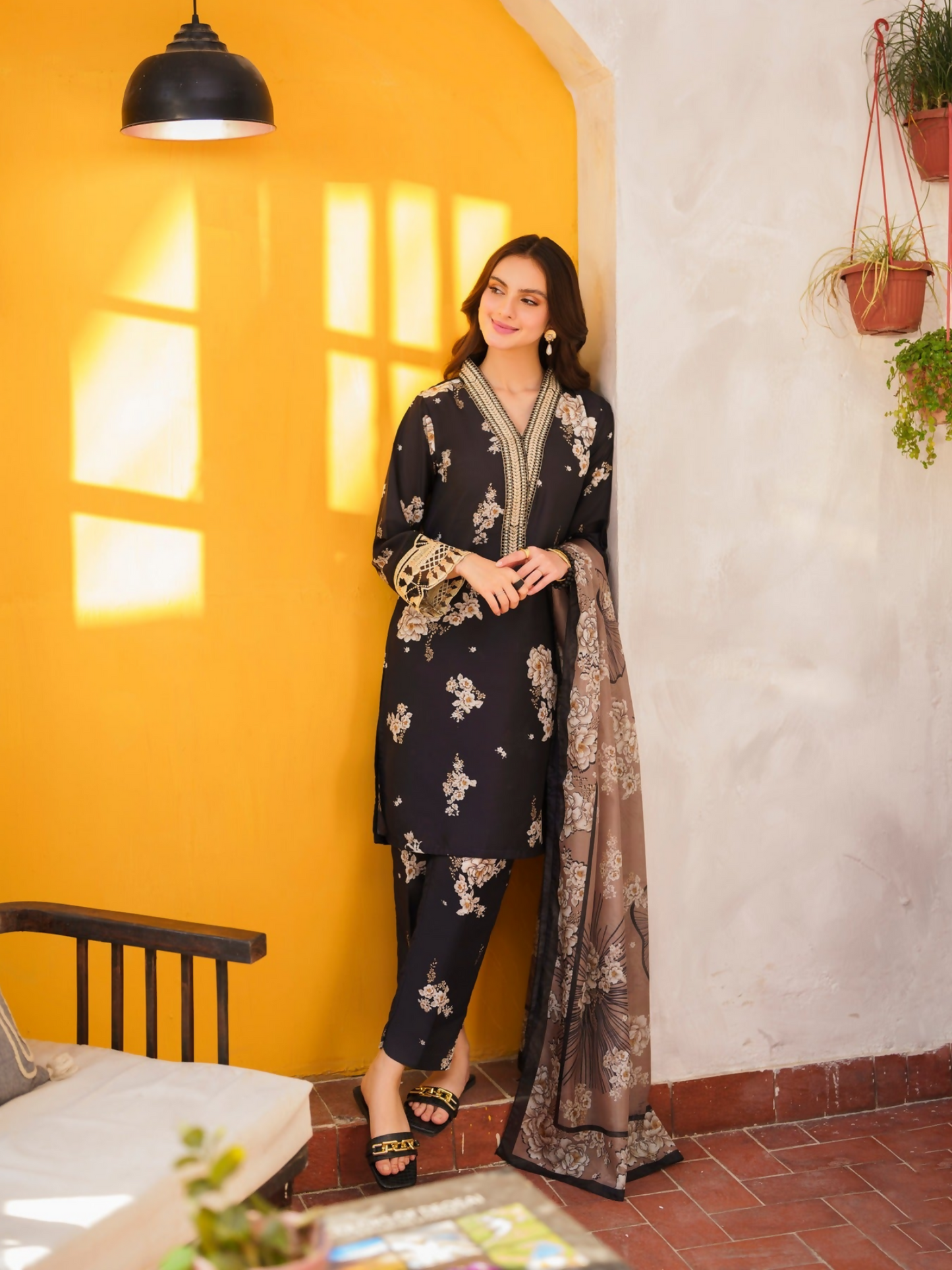 Panache Apparel Monochrome Tales Swiss Lawn Embroidered Stitched 3-Piece Suit-Midnight