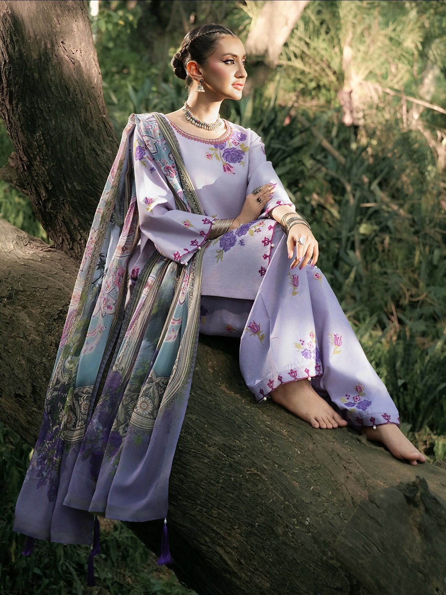 Hemstitch Lawn Embroidered Stitched 3-Piece Suit-Lavender