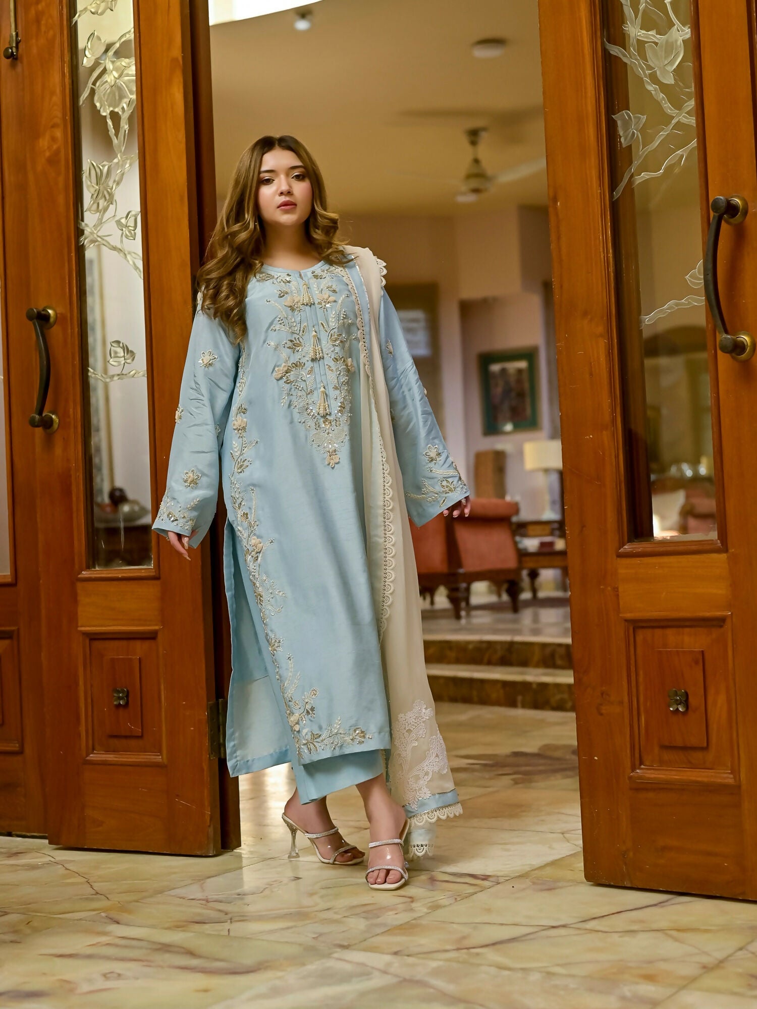 Farooq Hameed Studio Korean Raw Silk Embroidered Stitched 3-Piece Suit-Aqua-Blue
