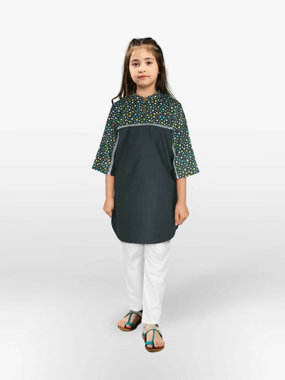 Black and Multi Polka Dots Velvour Girls Printed Stitched Kurti Tunic-VG107