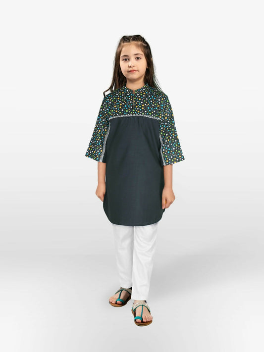 Black and Multi Polka Dots Velvour Girls Printed Stitched Kurti Tunic-VG107