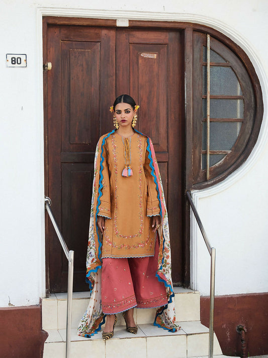 Mustard Jugnu Lahore Luxury Cotton Embroidered Unstitched 3-Piece Suit-Nal