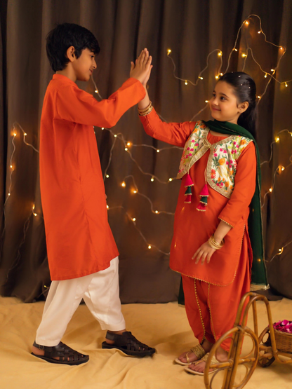 Kidoz Kloset Cotton Silk Embroidered Stitched 4-Piece Suit-Tangy Orange - Dhoti / Tulip Pant Set