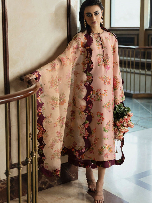 Pink Hussain Rehar BASIC NOT BASIC V Raw Silk Embroidered Stitched 3-Peice-Damask