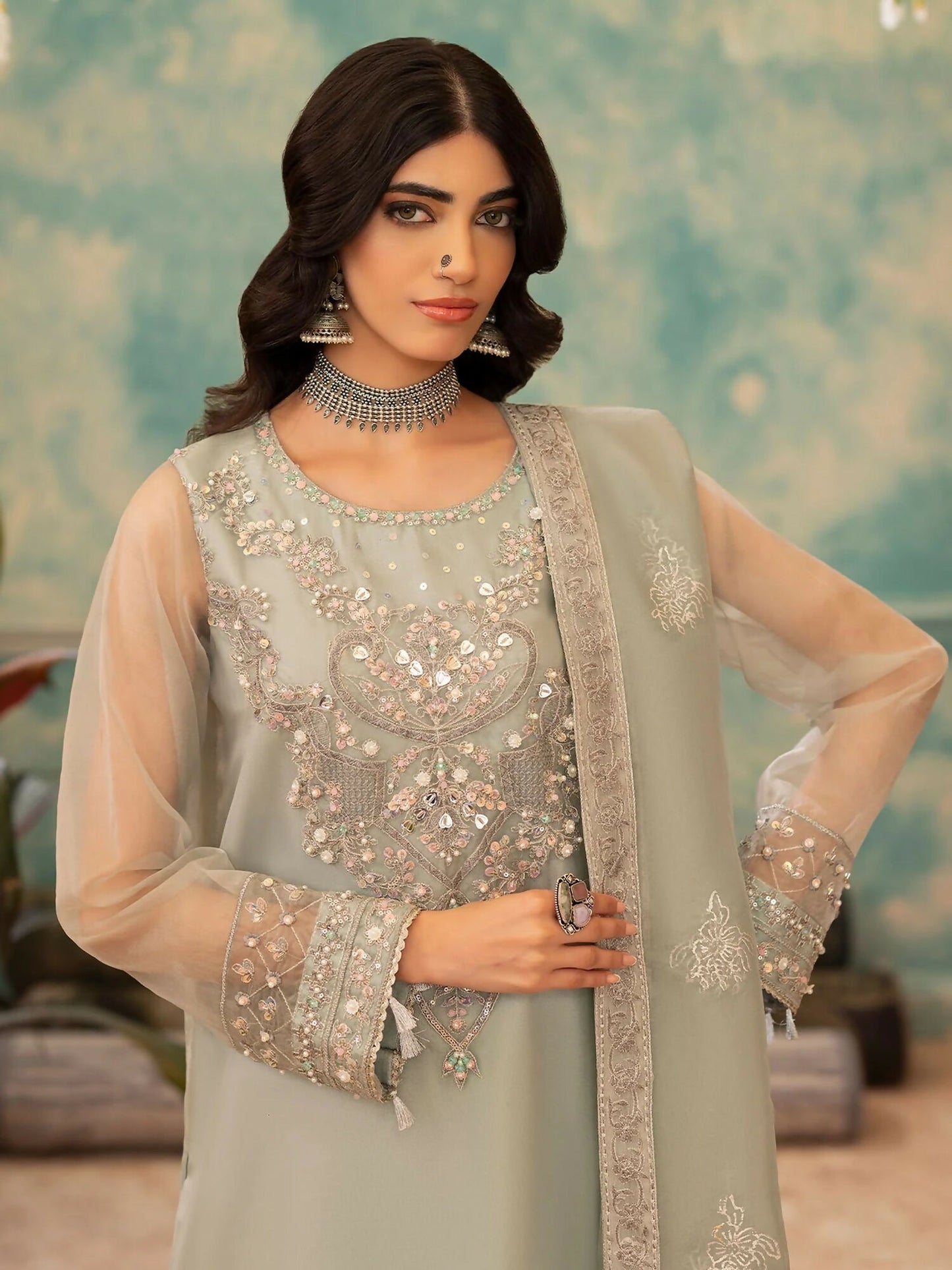 Shurooq Kanpur 1912 Organza Embellished Stitched 3-Piece Suit-Chandni Chowk