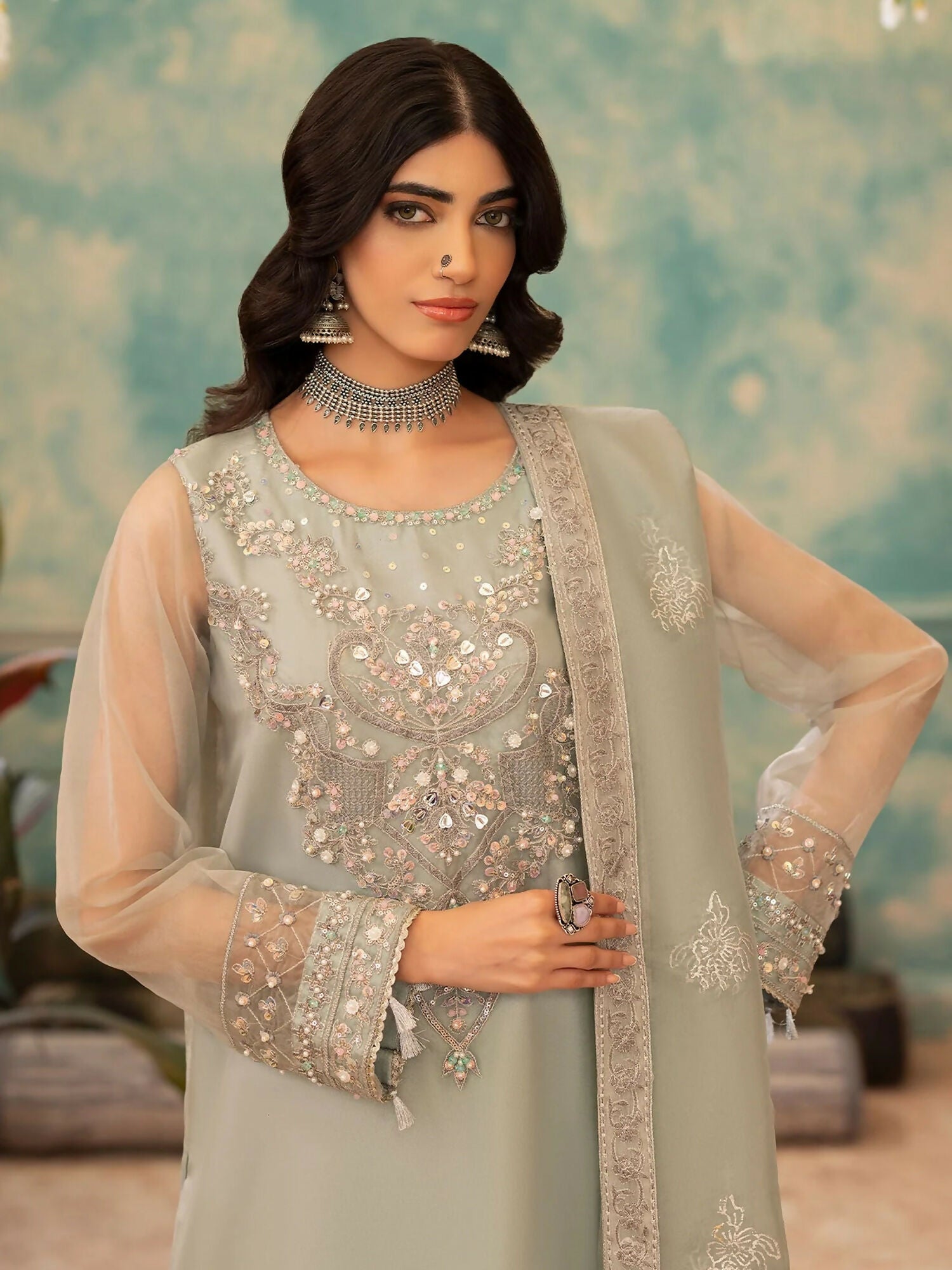Shurooq Kanpur 1912 Organza Embellished Stitched 3-Piece Suit-Chandni Chowk