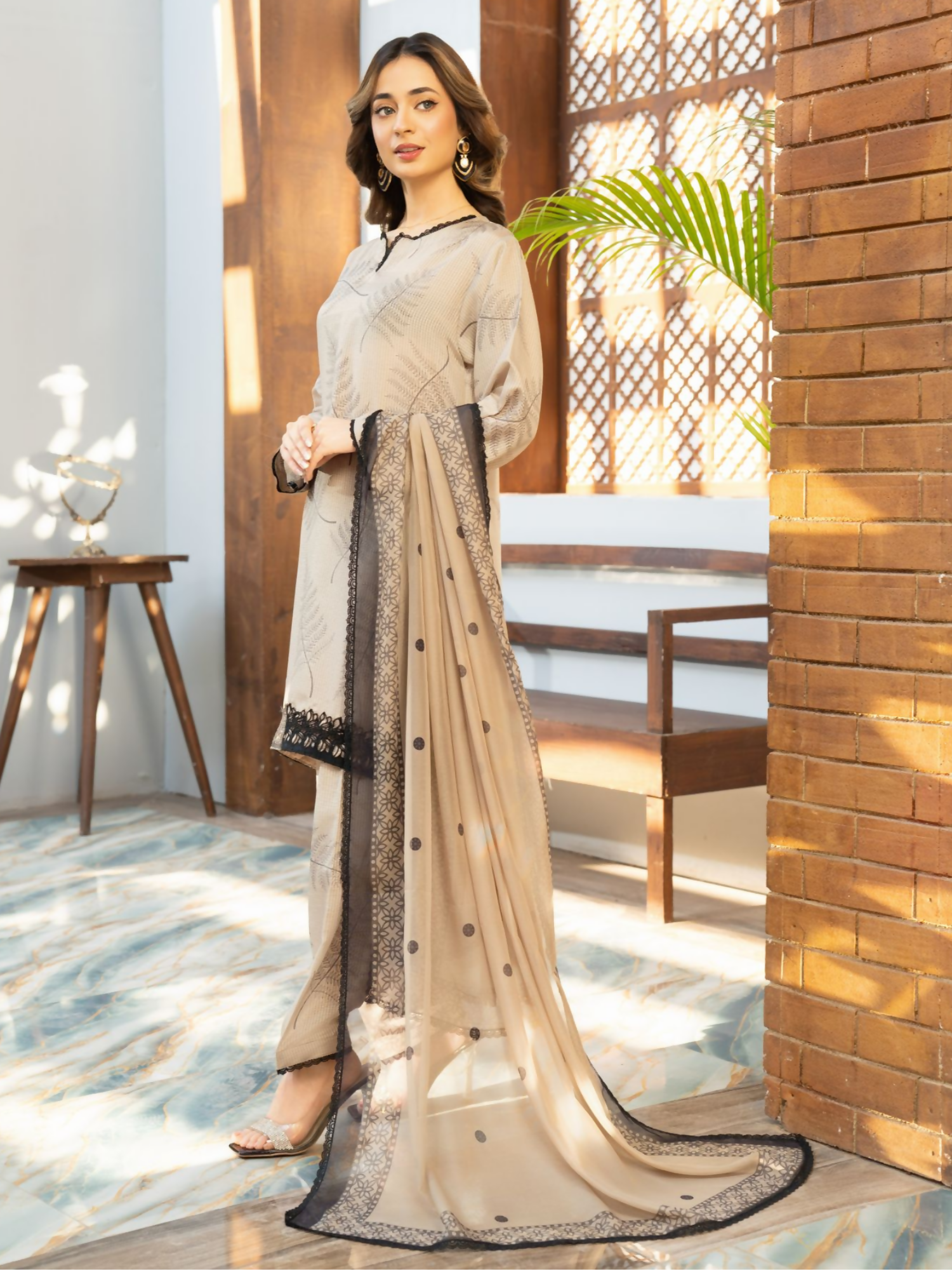 Panache Apparel Fiona SS'25 Dobby Lawn Printed Stitched Suit-Dune
