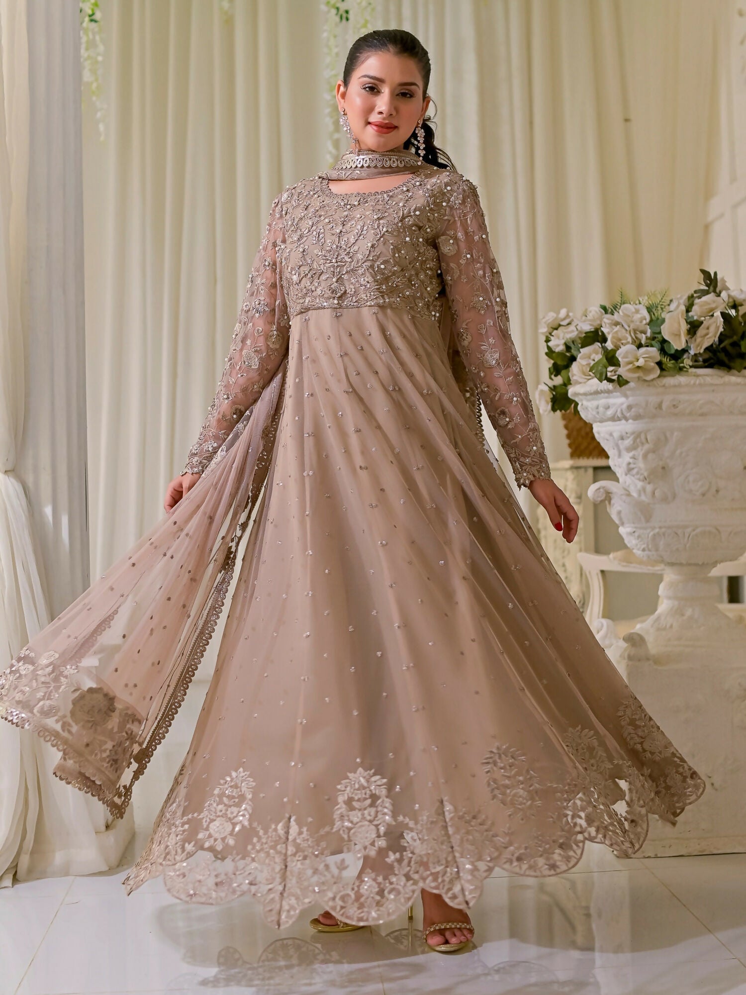 Farooq Hameed Studio Net Embroidered Stitched 3-Piece Suit-Oud-Majestic