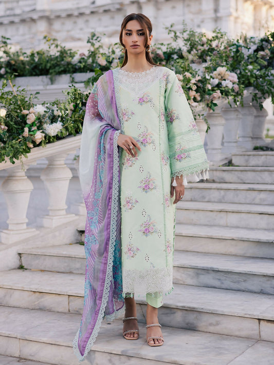 Unstitched 3-piece lawn suit with printed embroidered shirt, chiffon dupatta, and printed cambric trouser.