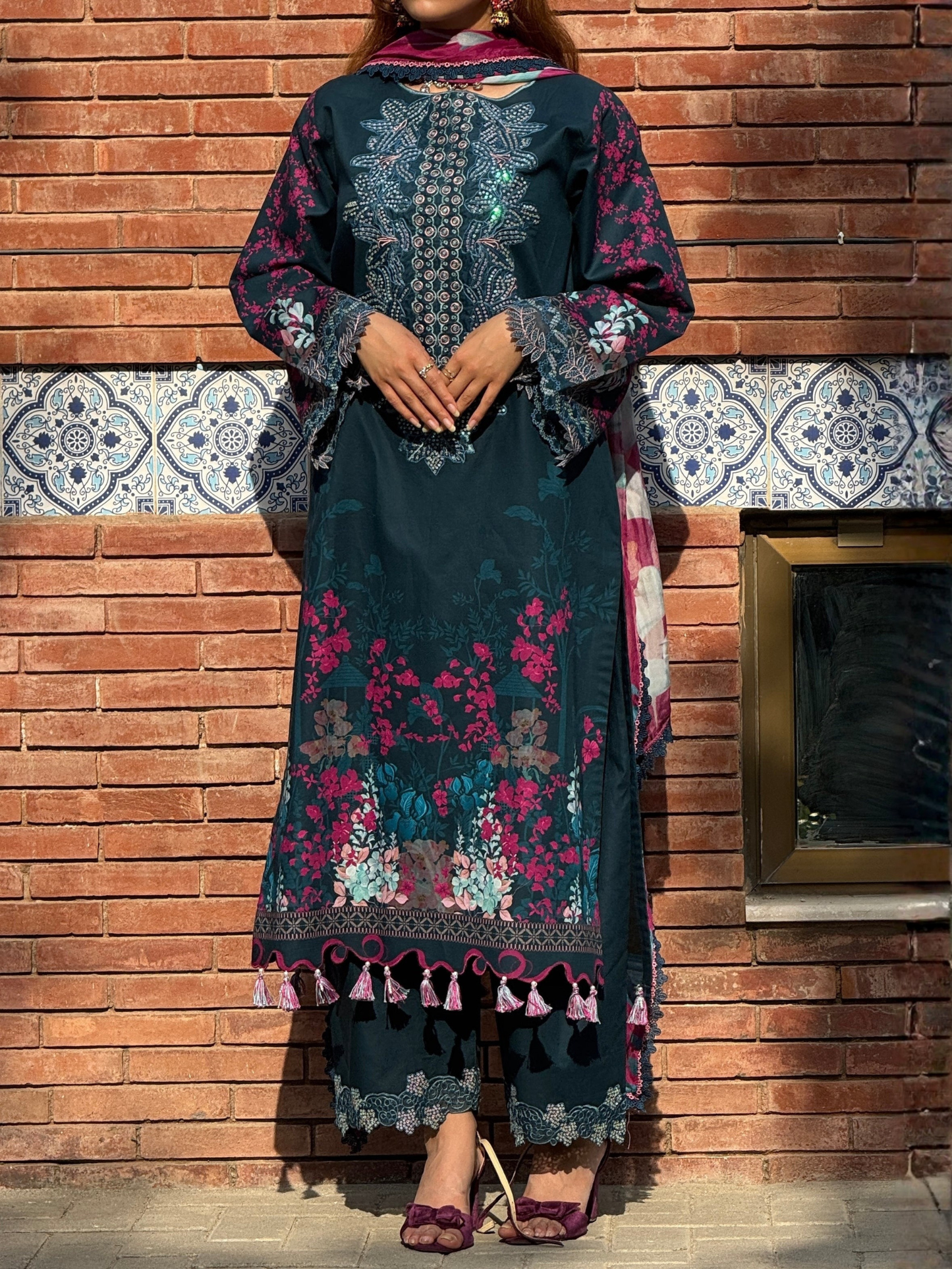 Blue Sehrish Kanwal Festive Print'26 Lawn Embroidered Unstitched 3-Piece Suit-Selena