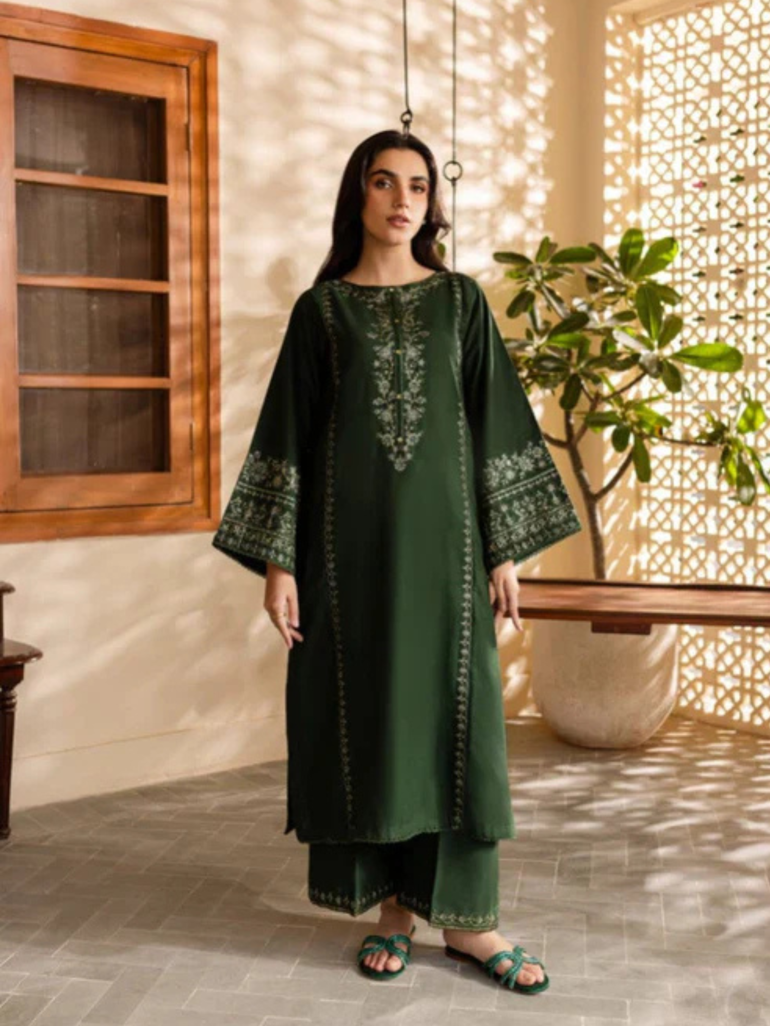 Green Ayat Closet Linen Embroidered Stitched 2-Piece Suit-Olive Green