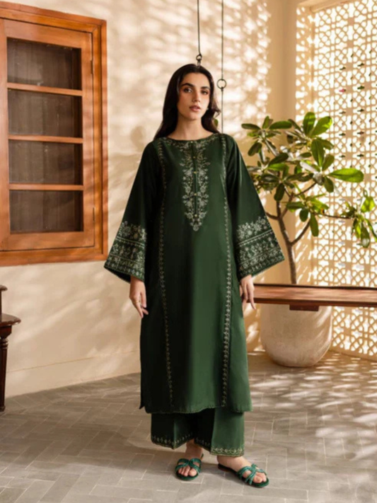 Green Ayat Closet Linen Embroidered Stitched 2-Piece Suit-Olive Green