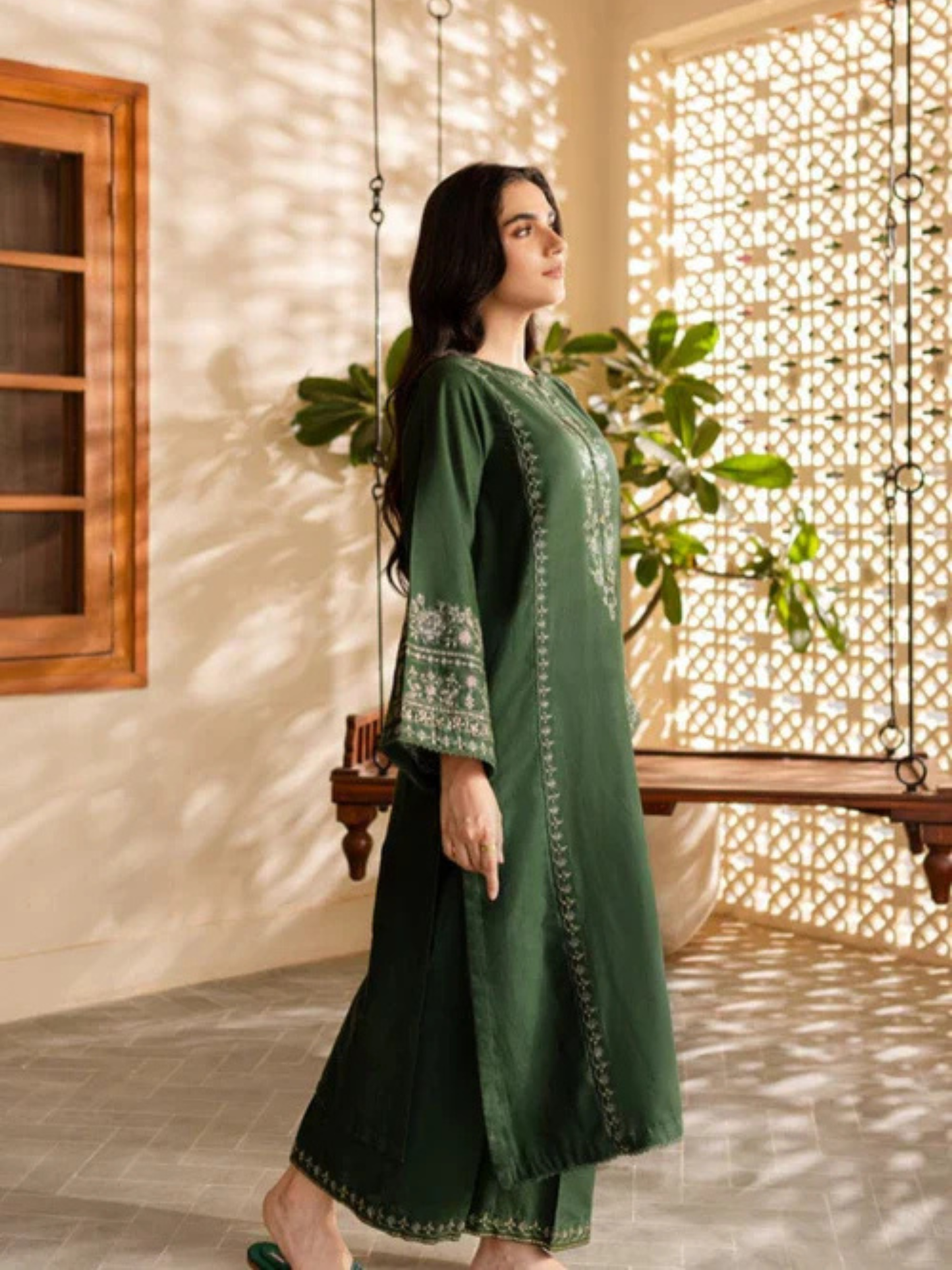 Green Ayat Closet Linen Embroidered Stitched 2-Piece Suit-Olive Green