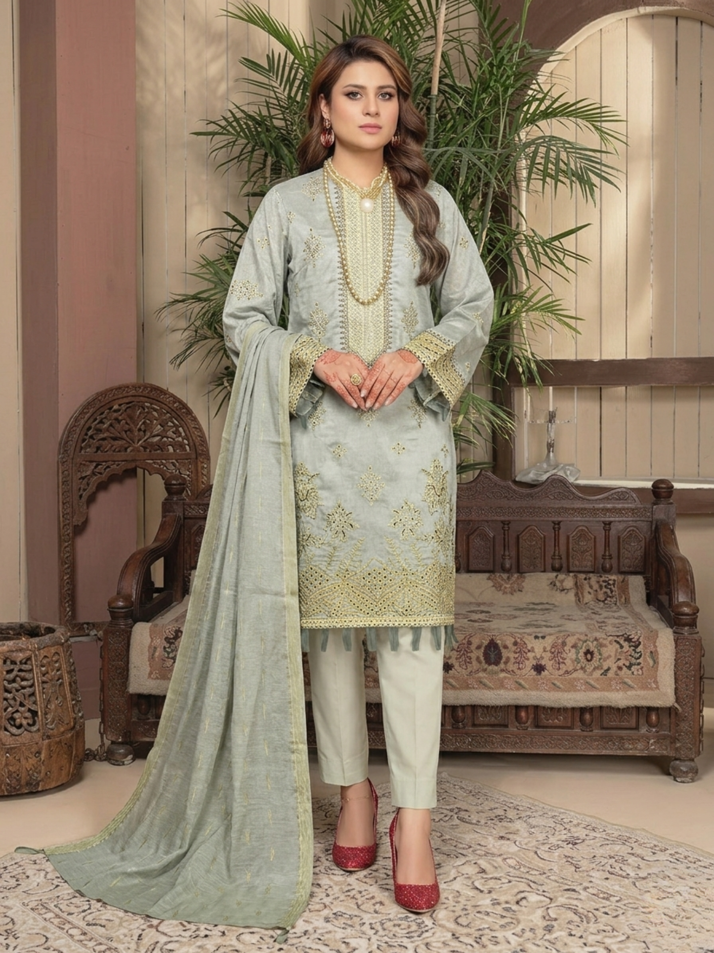 Bin Shaukat Lawn Embroidered Unstitched 3-Piece Suit-10