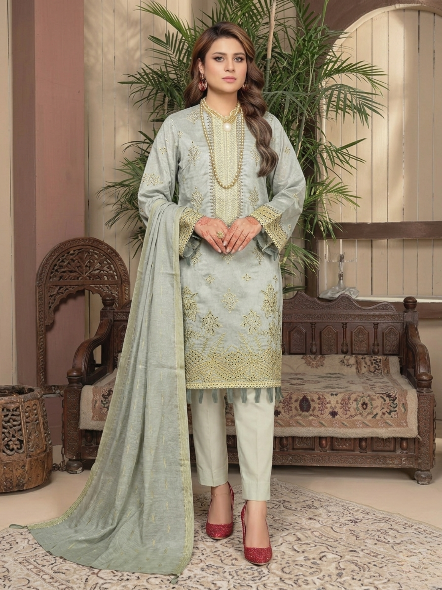 Bin Shaukat Lawn Embroidered Unstitched 3-Piece Suit-10