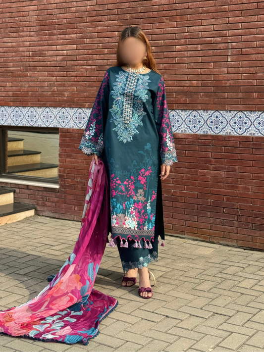 Blue Sehrish Kanwal Festive Print'26 Lawn Embroidered Unstitched 3-Piece Suit-Selena