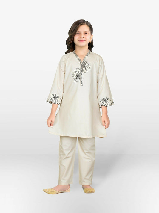 Off-White and Cream Velvour Girls Embroidered Stitched 2-Piece Suit-VG131-B
