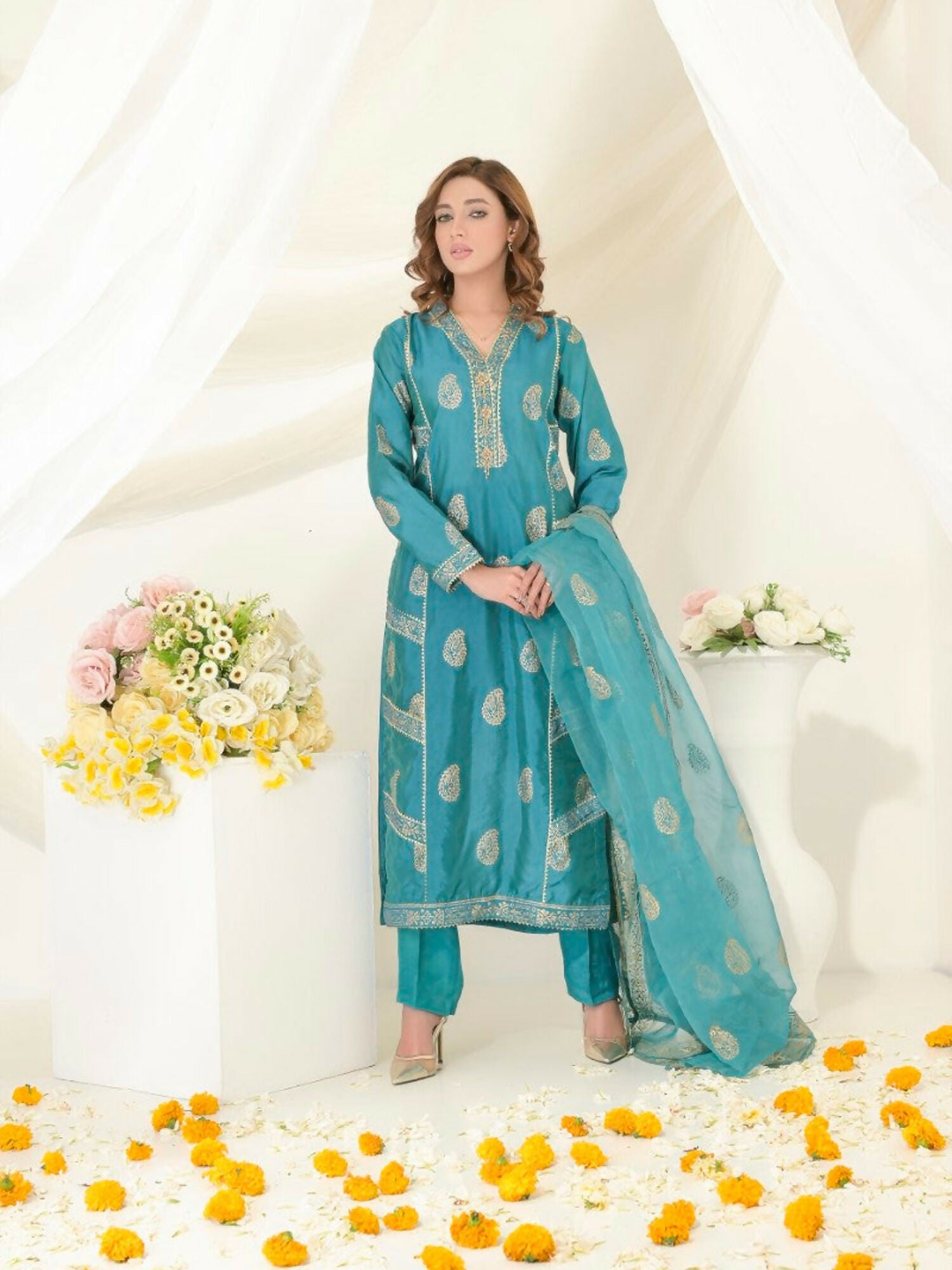 Ruby's Couture Gul-Bahar Silk Printed Stitched 3-Piece Suit-Maleena