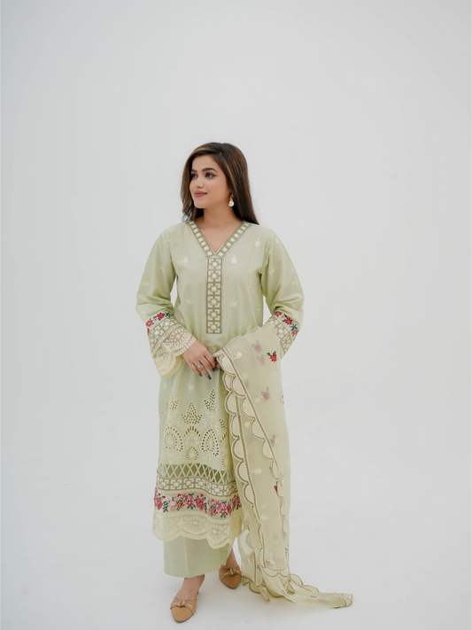 Kachy Dhaagy pistachio 3-piece embroidered cotton suit with embroidered shirt, organza dupatta, and plain trouser.