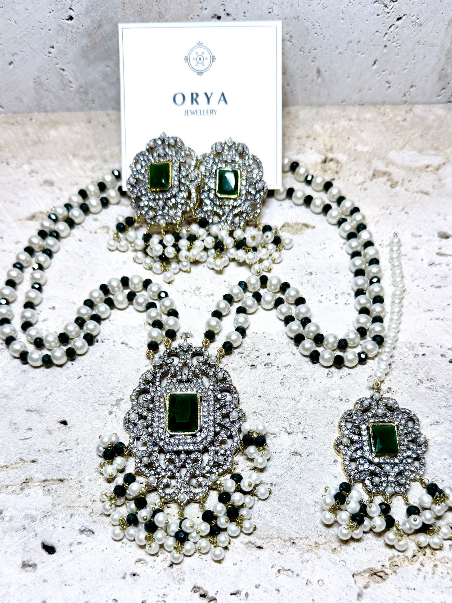 Orya Jewellery Zircon Pearl Maang Necklace Earrings Set-Emerald Green S13