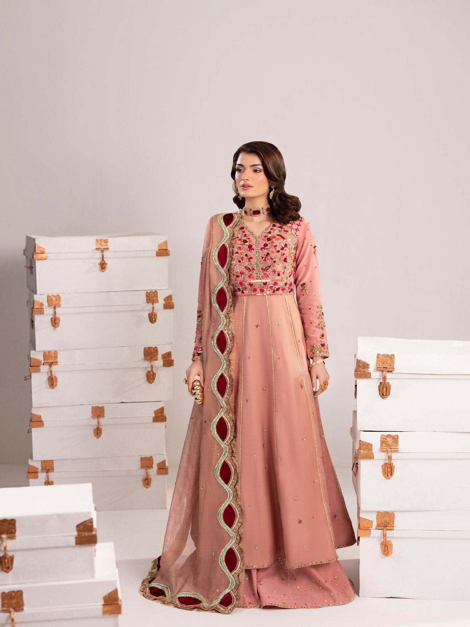 Shurooq Echoes In Bloom Silk Embellished Stitched 3-Piece Suit-Petal Veil