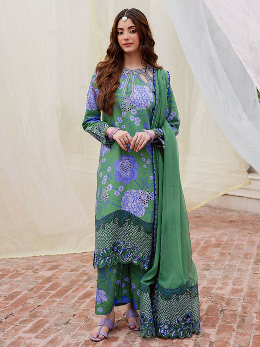 Three-piece unstitched dress set – printed and embroidered front with organza embroidered neckline and embroidered borders for front and sleeves – embroidered chiffon dupatta – 2.65 yards – printed trouser – 2.65 yards