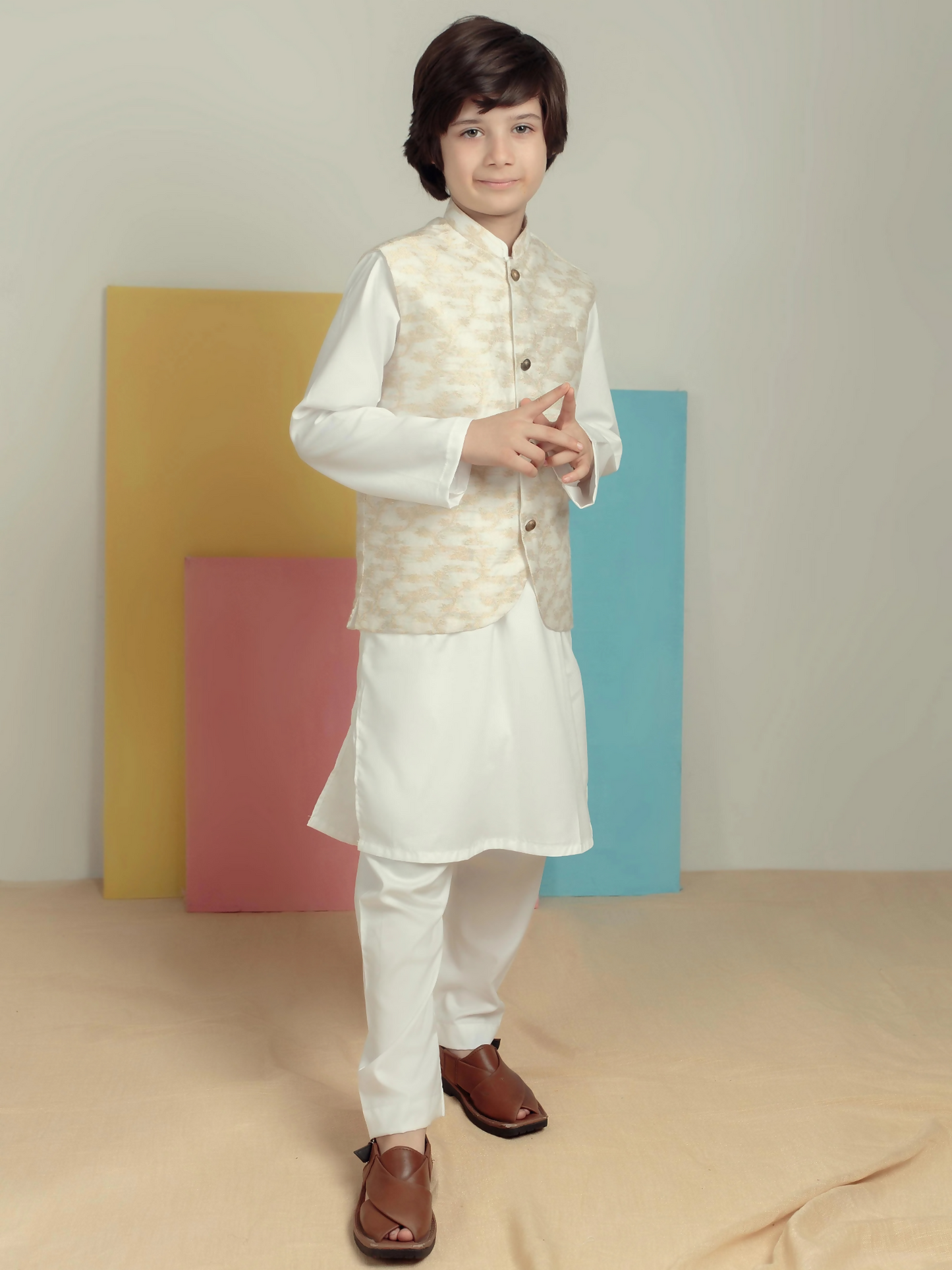 Kidoz Kloset Wash & Wear Kurta Pajama-Royal Gold-Waistcoat Set