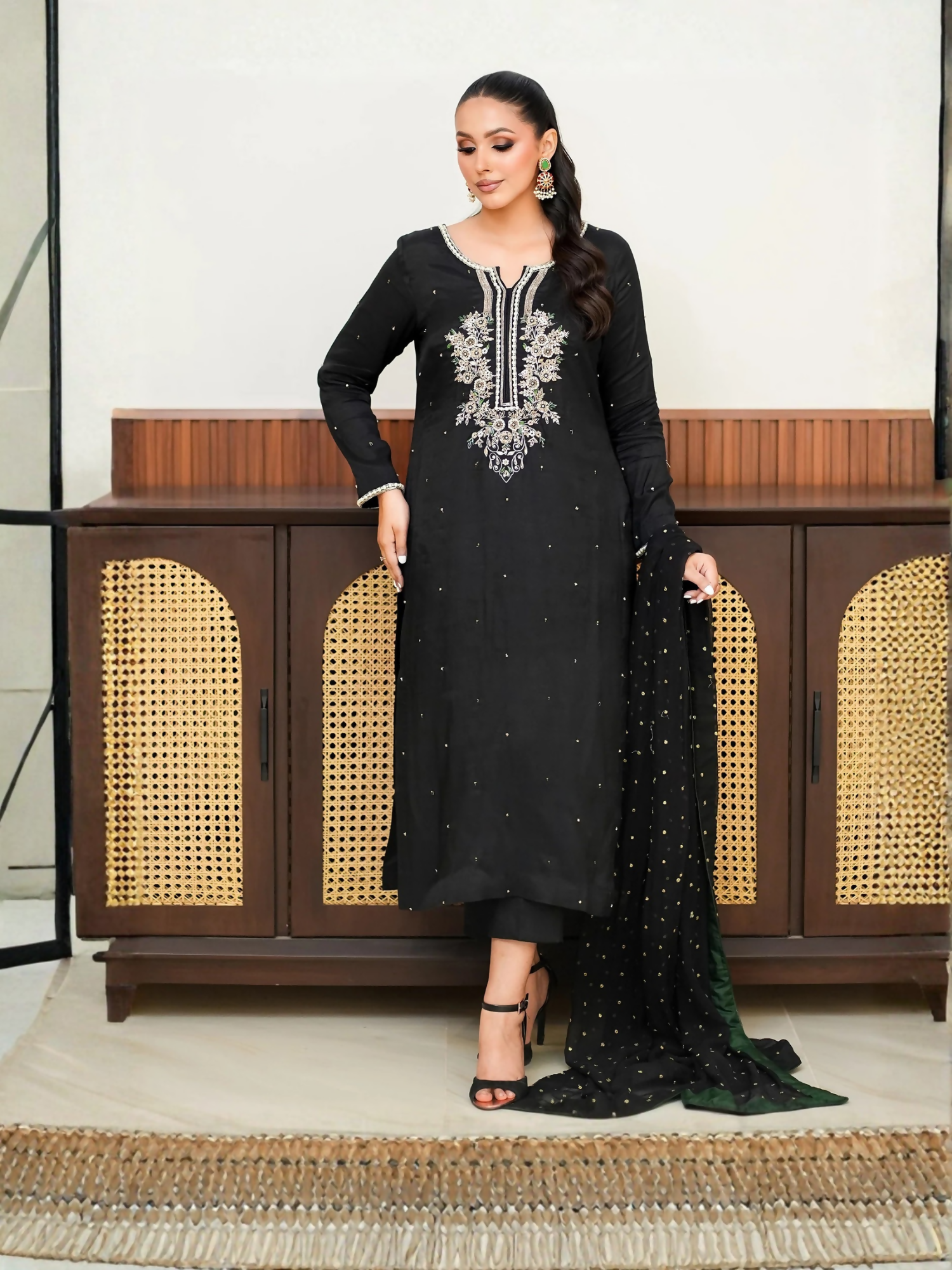 Allure By IH Fashion Calling Raw Silk Embellished Stitched 3-Piece Suit-Moon Stone