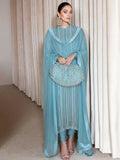 Hussain Rehar Moon In The Golden Cup Organza Embellished Stitched 3-Piece Suit-Sininen