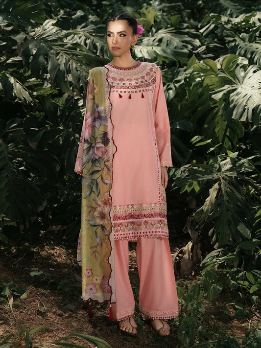 Hemstitch Lawn Embroidered Stitched 3-Piece Suit-Pinky Peony