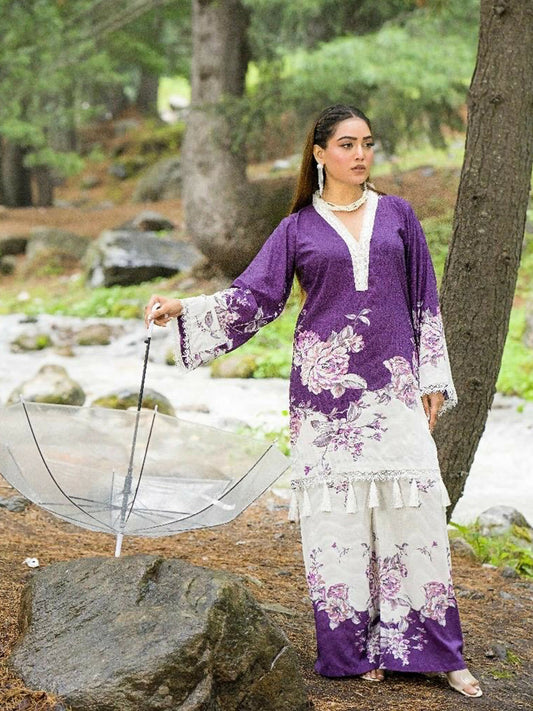 HU Studios Doriya Linen Printed Stitched 2-Piece Suit-Lavender Charm