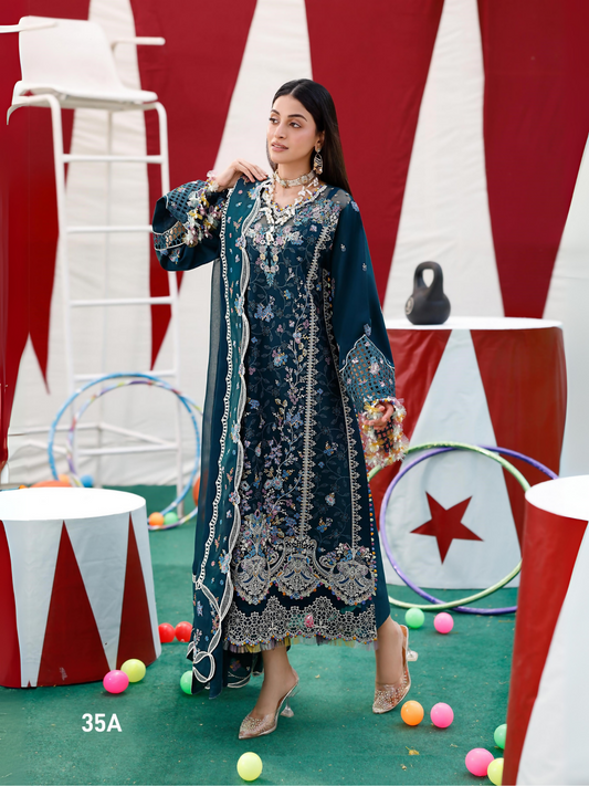 Teal Blue Binilyas Carnival Lawn Embroidered Unstitched 3 Piece Suit-35A
