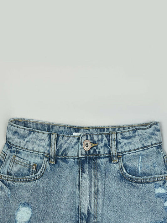 Funky's Plain MId Length Ripped Denim Skirt-11491