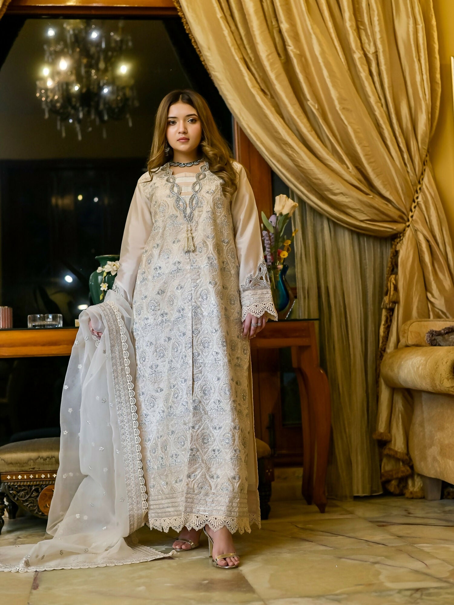 Farooq Hameed Studio Wedding Festive'25 Glass Silk Embroidered Stitched 3-Piece Suit-Noor