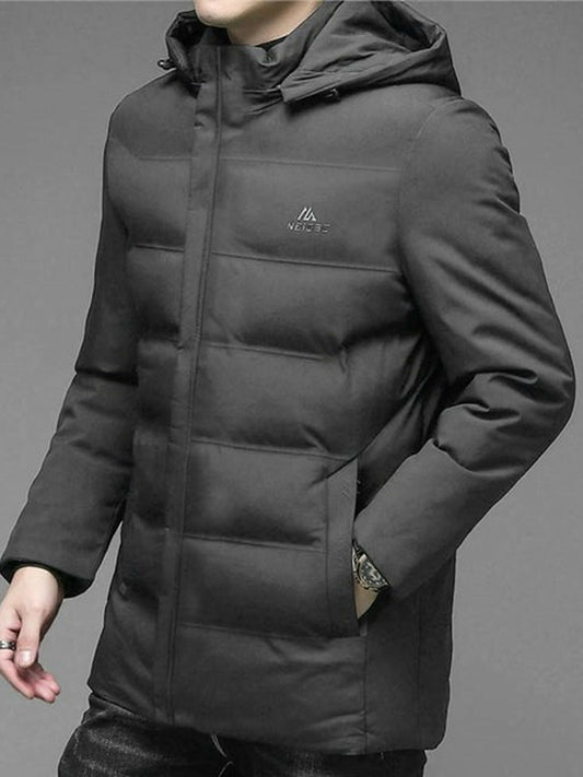 Funky men’s thick and warm padded winter jacket, water-resistant polyester with quilted layers, windproof hood, ribbed cuffs, and multiple pockets.