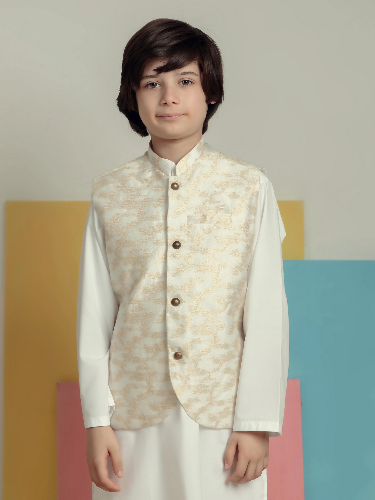 Kidoz Kloset Wash & Wear Kurta Pajama-Royal Gold-Waistcoat Set