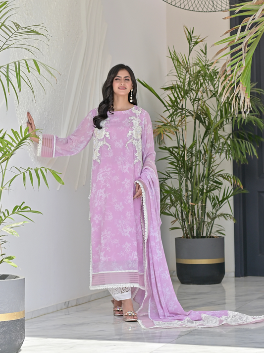 Farooq Hameed Studio Eid Edition'24 Chiffon Embroidered Stitched 3-Piece Suit-Daisy Bloom