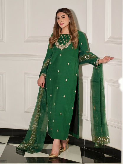 Allure By IH Luxury Pret Raw Silk Embellished Stitched 3-Piece Suit-Shahay
