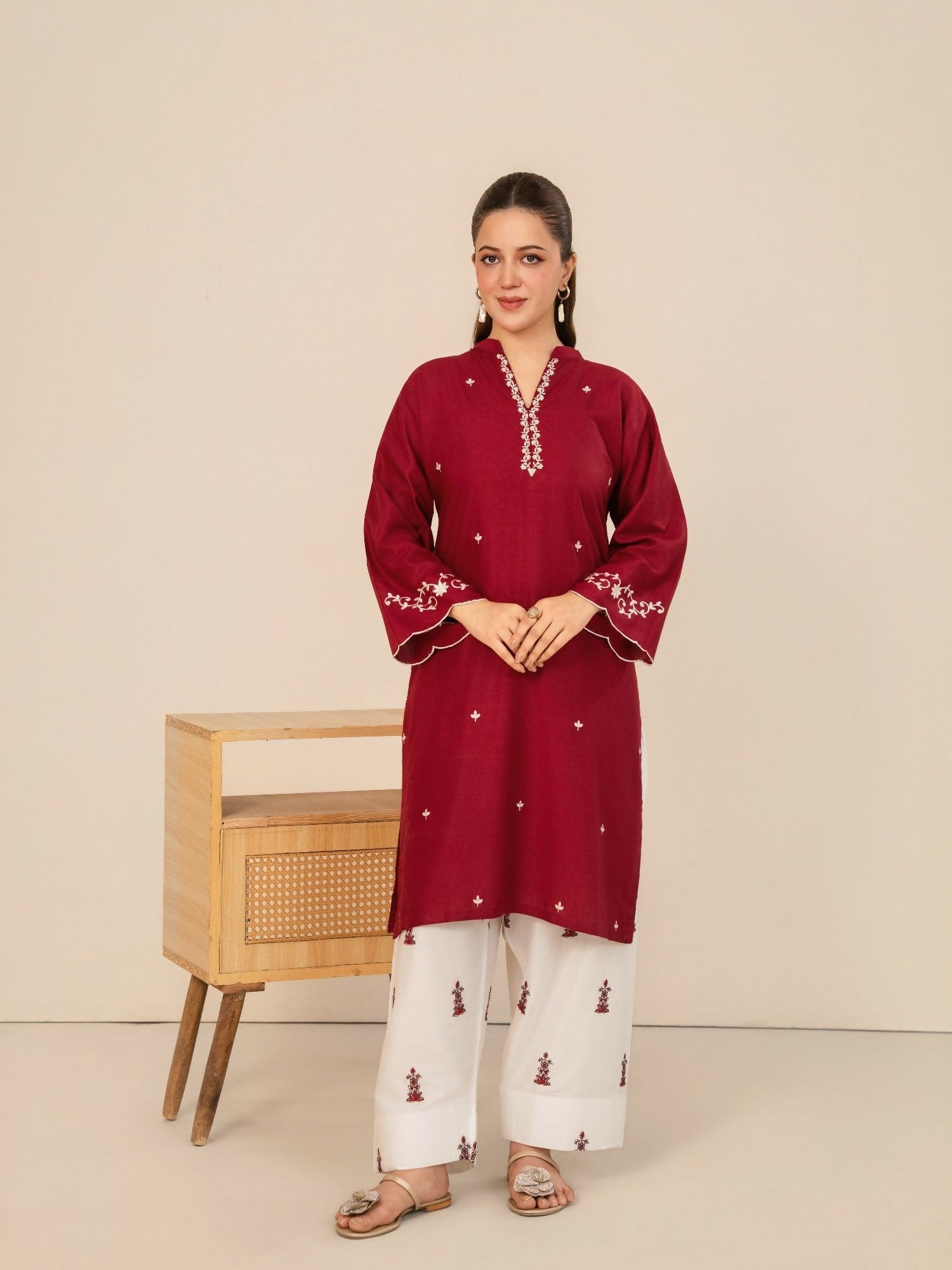 Stylish Collection Whisper Pret Linen Embroidered Stitched 2-Piece Suit-Claret
