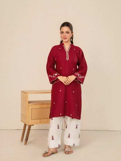 Stylish Collection Whisper Pret Linen Embroidered Stitched 2-Piece Suit-Claret