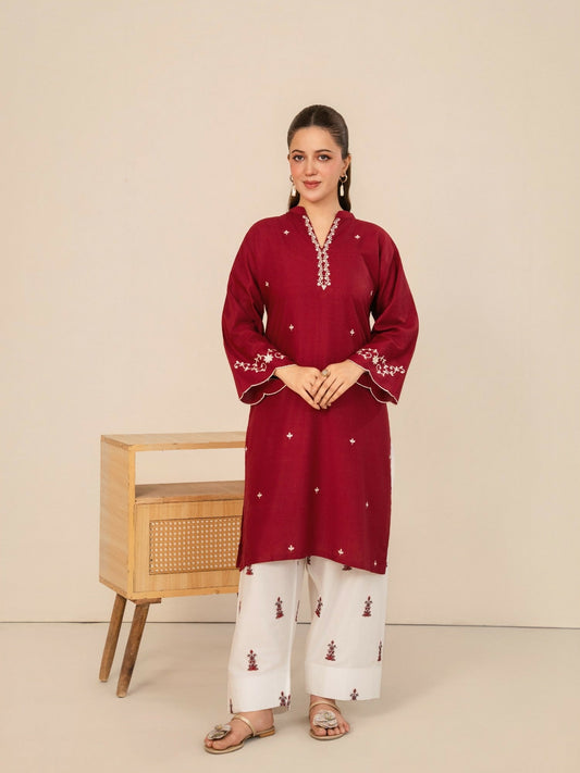 Stylish Collection Whisper Pret Linen Embroidered Stitched 2-Piece Suit-Claret