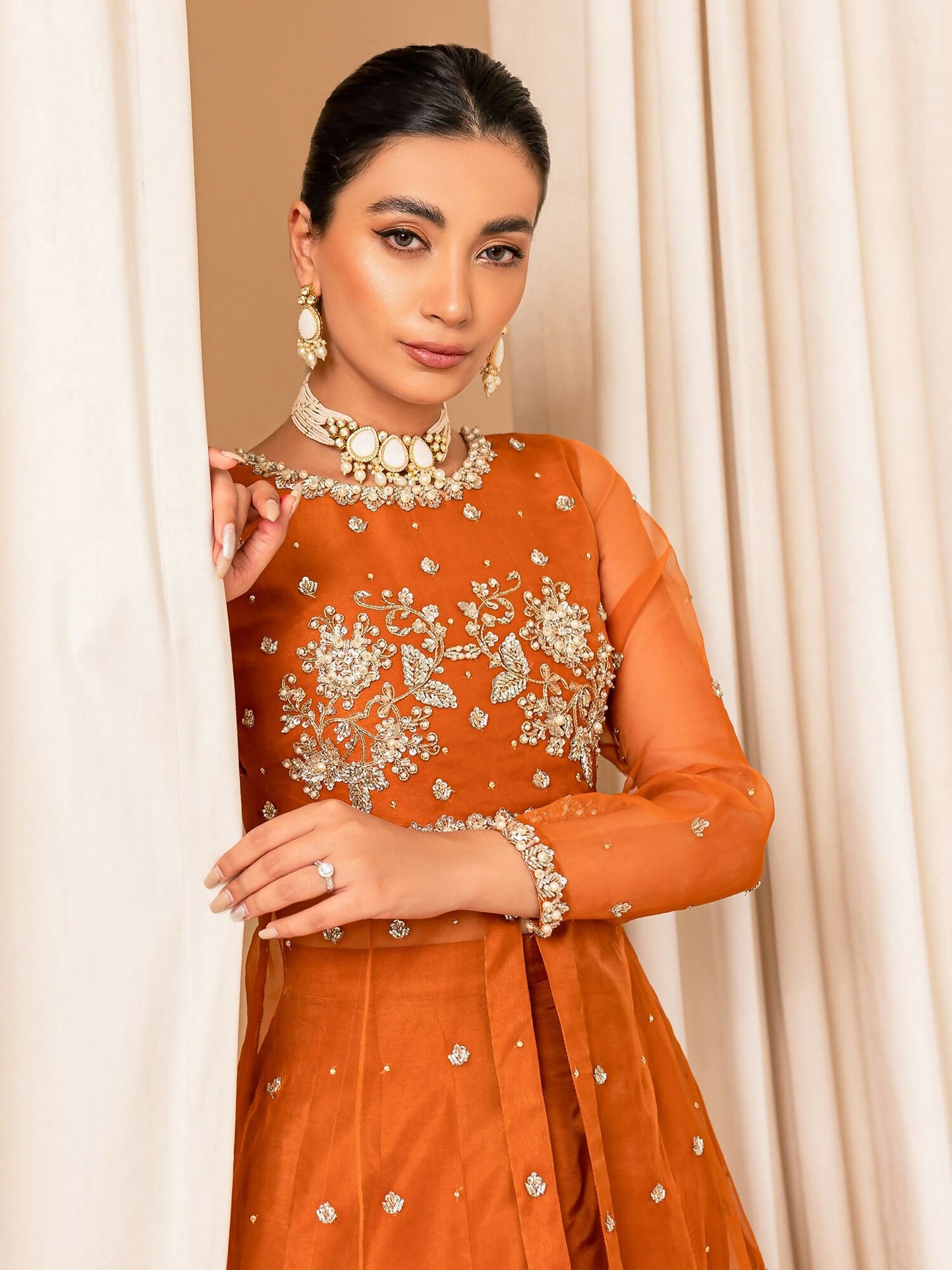Allure By IH Luxe Formals Organza Embellished Lehenga-Coco